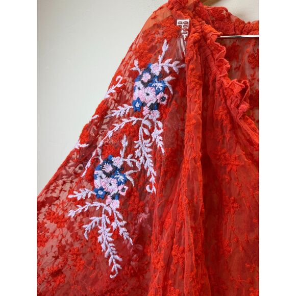 Free People Jubilee Sheer Mesh Floral Lace Embroidered Top Women's Sz Large Red - Picture 9 of 9